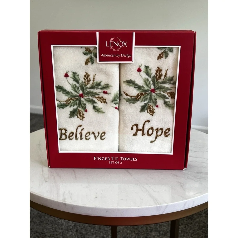 Lenox Christmas Towels Fingertip Believe Hope Holly Holiday Holiday Linens NIB